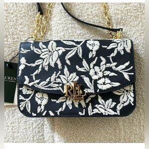 Ralph Lauren Navy and White Floral Beaded RL Crossbody Bag